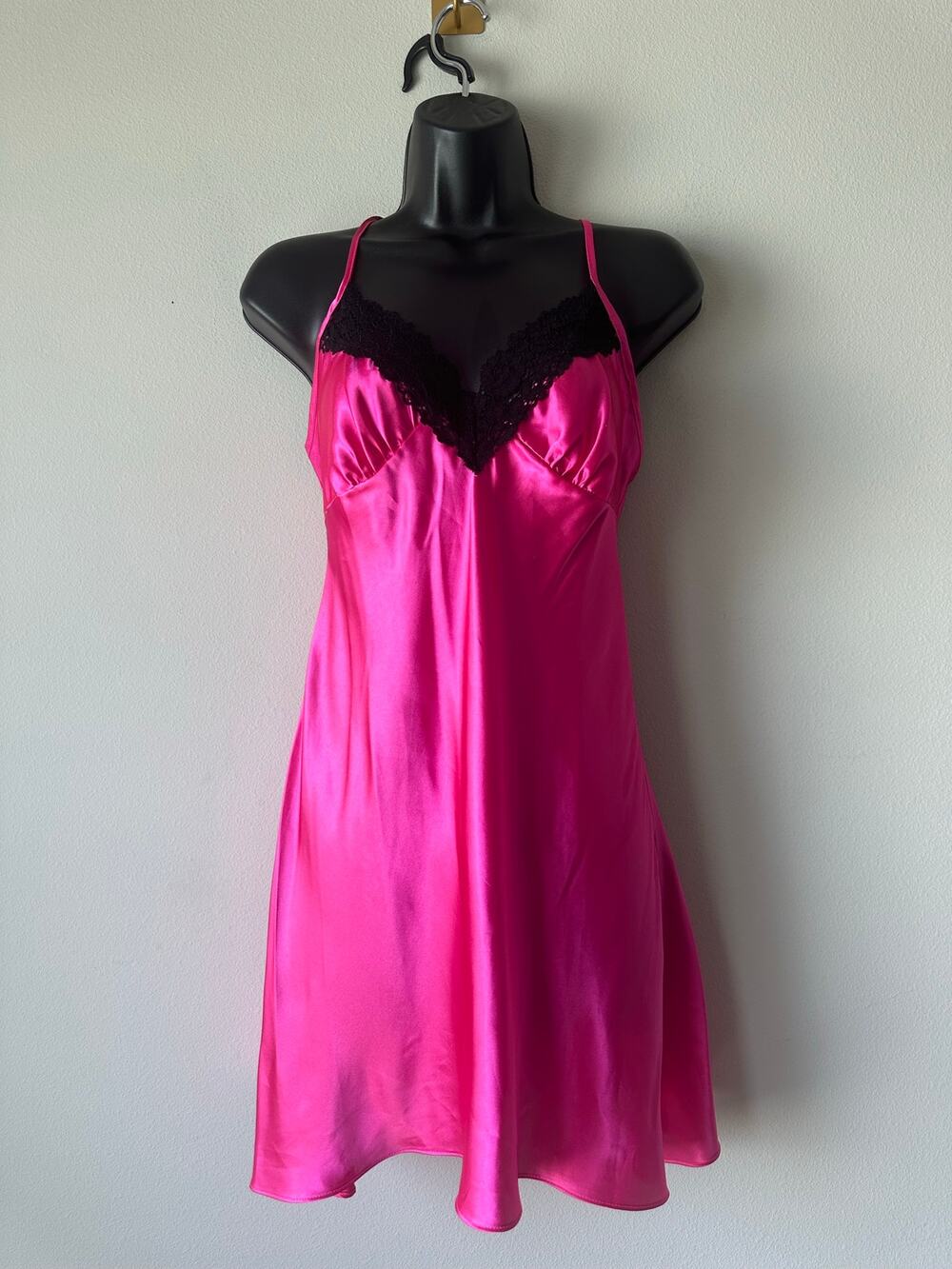 Vintage Y2K Linea Donatella Pink Satin Slip Dress Black Lace Babydoll Mini M